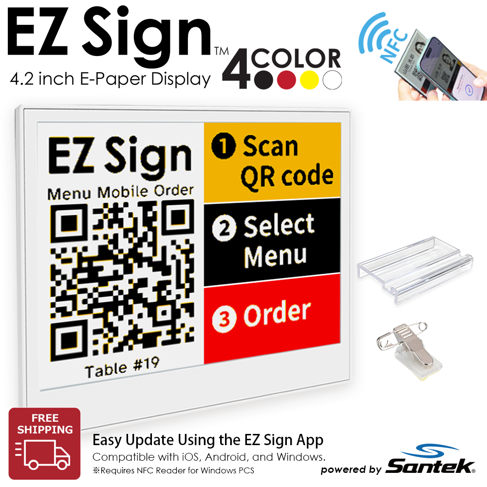 Santek EZ Sign® NFC E-Paper Display | 4-Color Display | 2.13" & 2.9" & 4.2" | IP65 Rated | No Battery Required