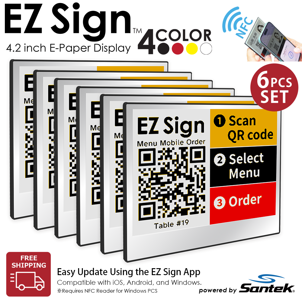 Santek EZ Sign® NFC E-Paper Display | 4-Color Display | 2.13" & 2.9" & 4.2" | IP65 Rated | No Battery Required
