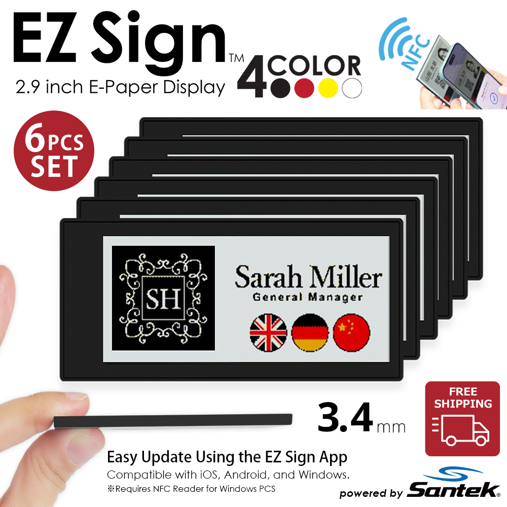 Santek EZ Sign® NFC E-Paper Display | 4-Color Display | 2.13" & 2.9" & 4.2" | IP65 Rated | No Battery Required