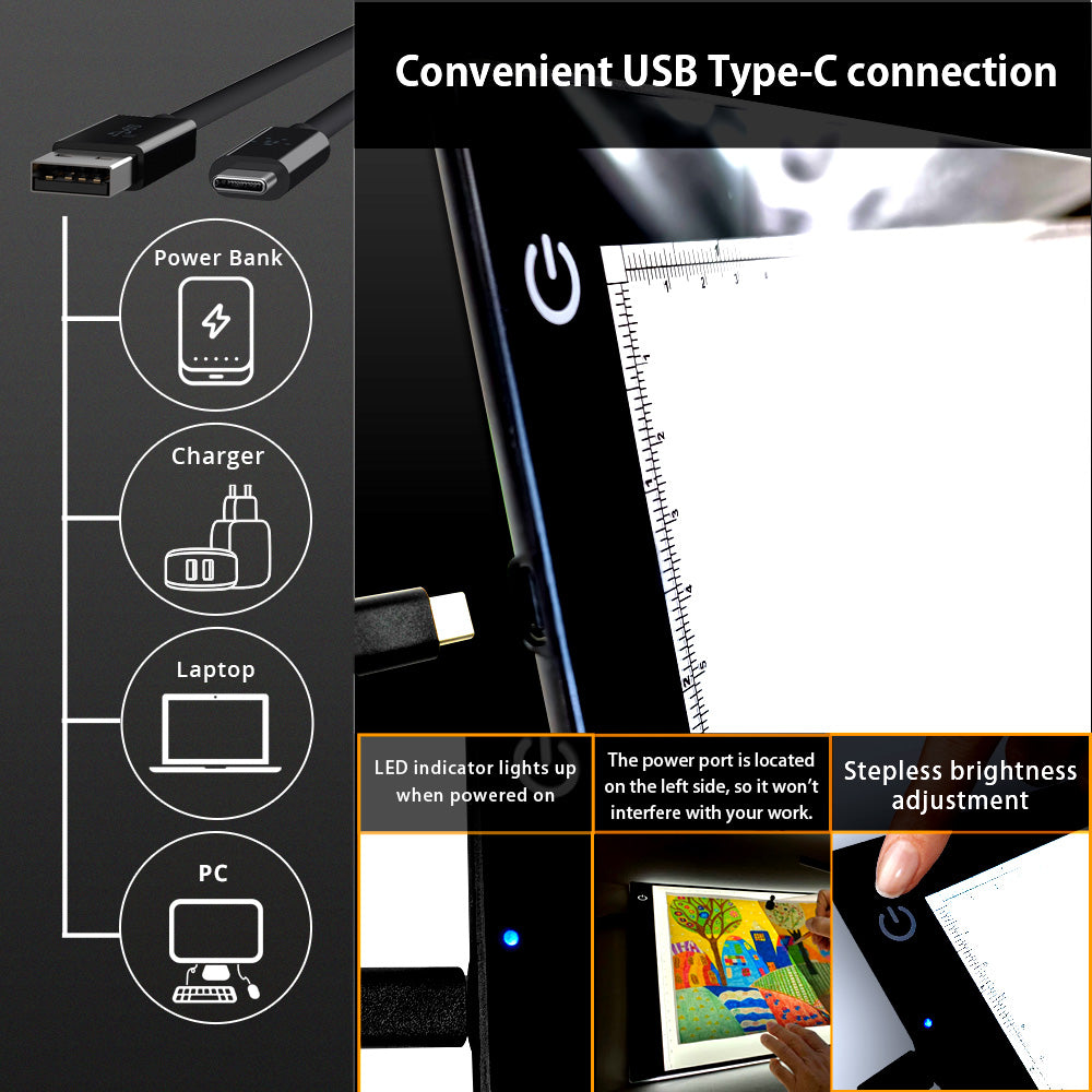 LED Light Tracer Board, Eye Friendly Light Box with USB-C Cable & 2 Magnets (A4/A3)