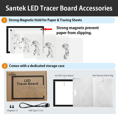 LED Light Tracer Board, Eye Friendly Light Box with USB-C Cable & 2 Magnets (A4/A3)