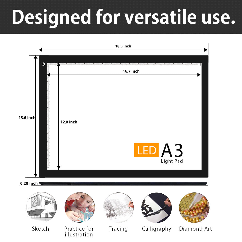 LED Light Tracer Board, Eye Friendly Light Box with USB-C Cable & 2 Magnets (A4/A3)
