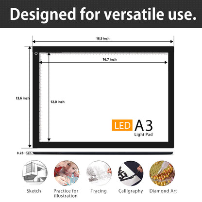 LED Light Tracer Board, Eye Friendly Light Box with USB-C Cable & 2 Magnets (A4/A3)