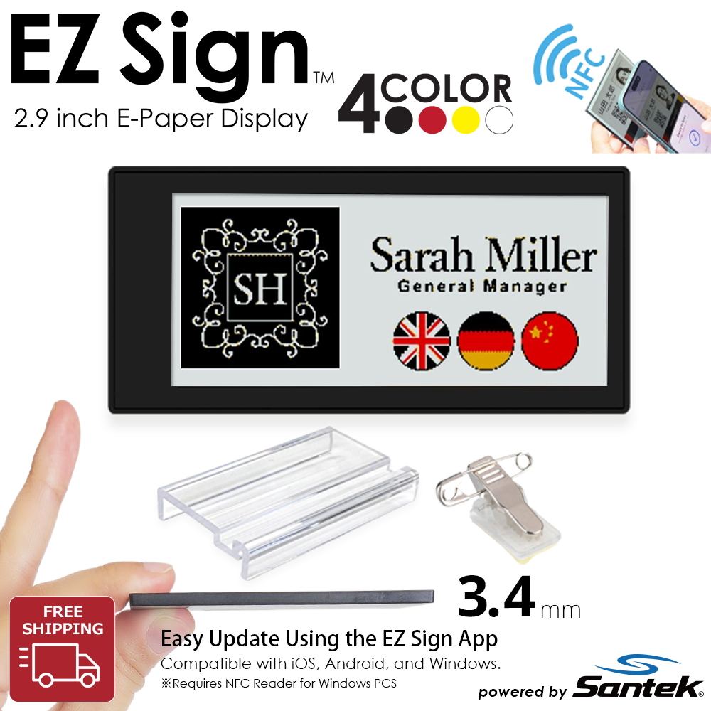 Santek EZ Sign® NFC E-Paper Display | 4-Color Display | 2.13" & 2.9" & 4.2" | IP65 Rated | No Battery Required