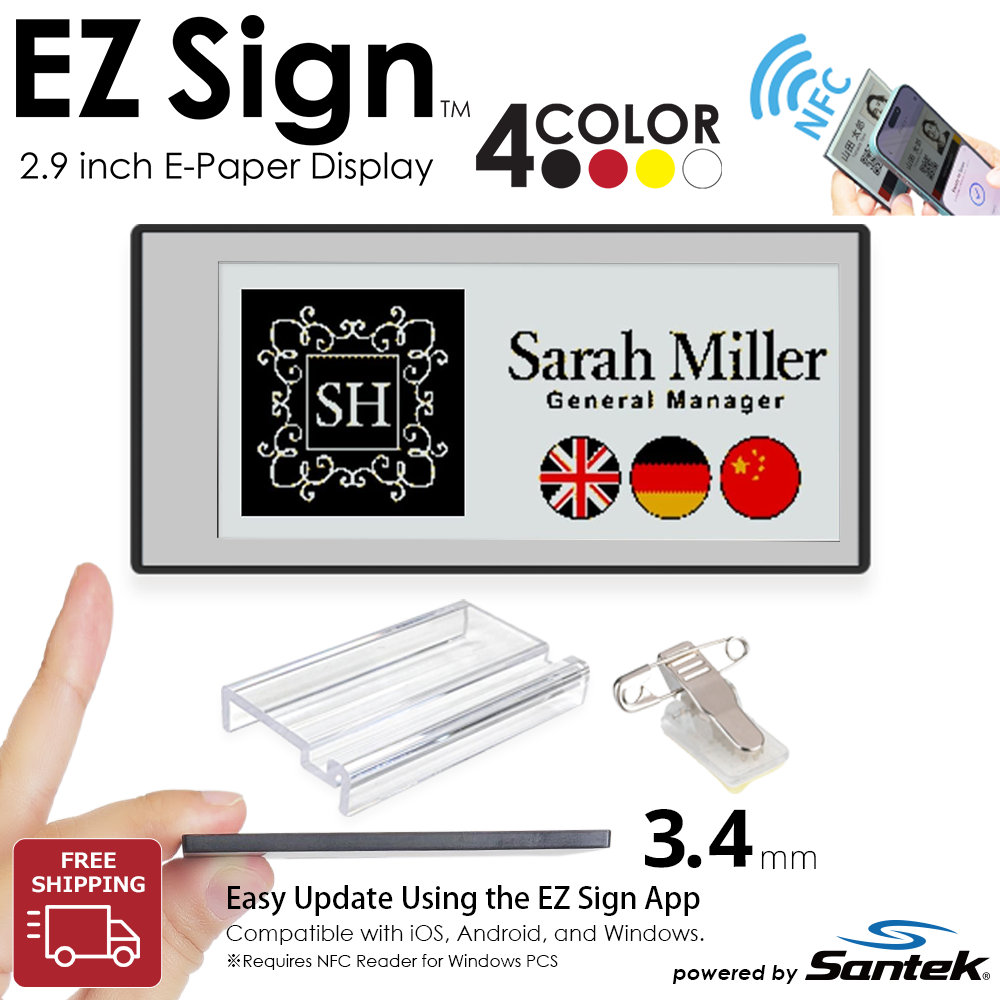 Santek EZ Sign® NFC E-Paper Display | 4-Color Display | 2.13" & 2.9" & 4.2" | IP65 Rated | No Battery Required
