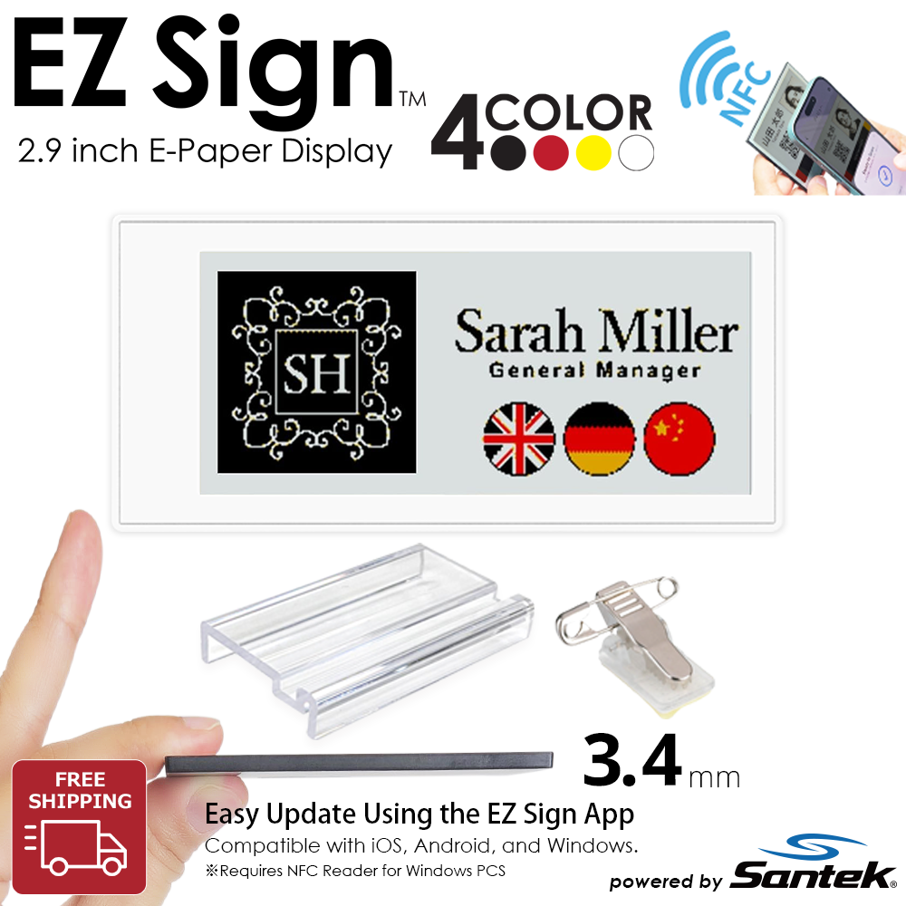 Santek EZ Sign® NFC E-Paper Display | 4-Color Display | 2.13" & 2.9" & 4.2" | IP65 Rated | No Battery Required