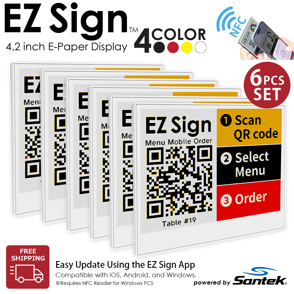 Santek EZ Sign® NFC E-Paper Display | 4-Color Display | 2.13" & 2.9" & 4.2" | IP65 Rated | No Battery Required