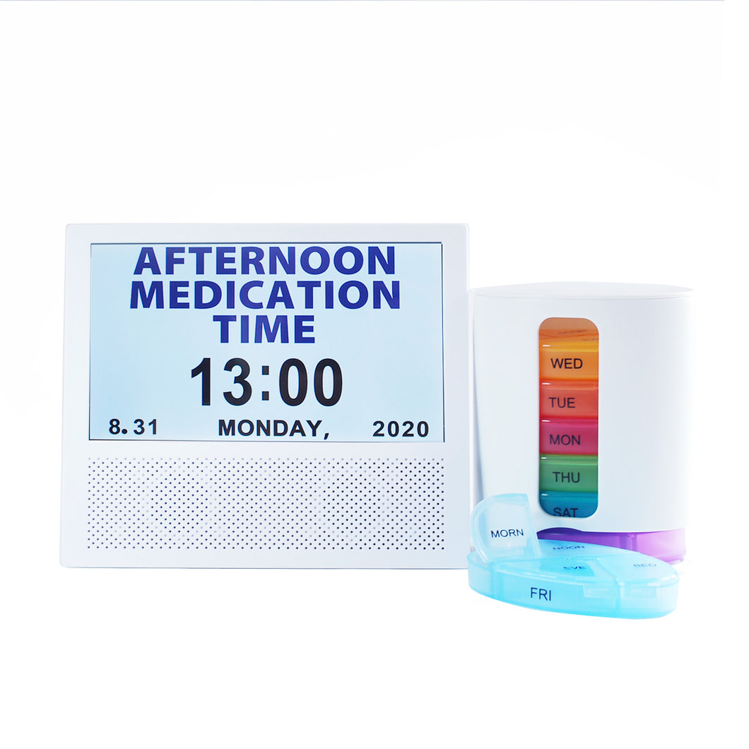 Discounted Bundle - Tower Style Weekly Pill Organizer + 3-in-1 Digital Clock, Photo Frame & Medication Reminders